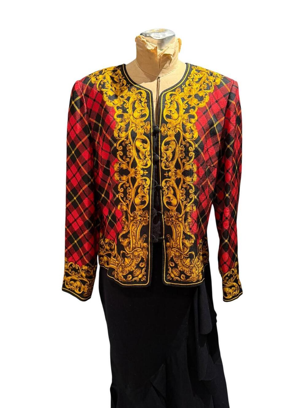 Maggy London Vintage Red Plaid and Gold Baroque Print Jacket